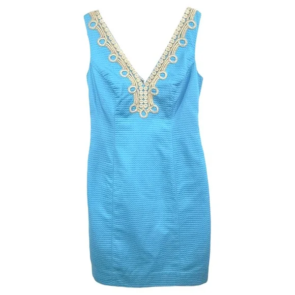 Lilly Pulitzer Size 00 Sheath Dress Sleeveless Textured Gold Trim Blue 797